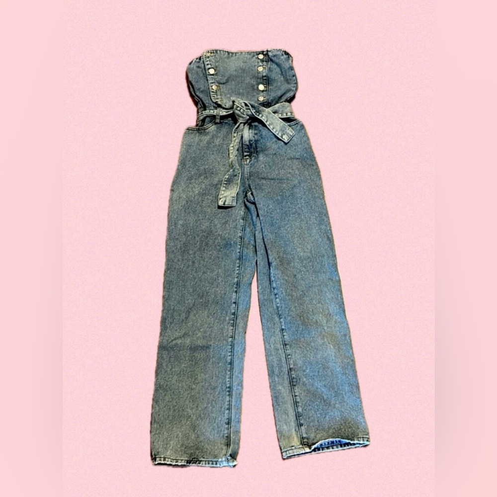 Blue Denim Women's Strapless Jumper with Tie Belt